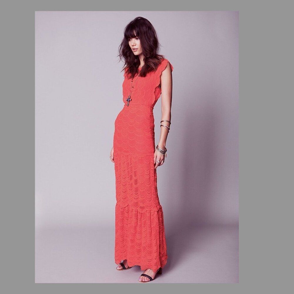 NWT NightCap Clothing XS/S Victorian Lace Orange Coral Caletto Maxi Long Dress